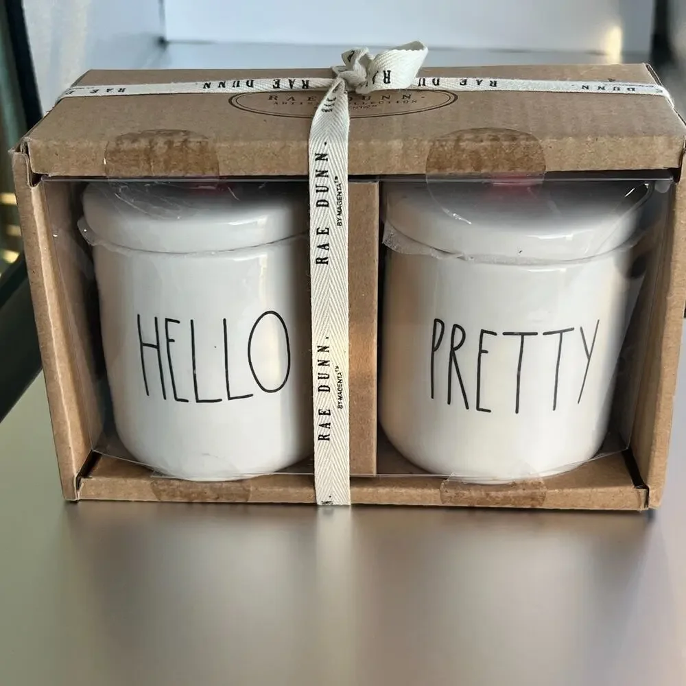 Rae Dunn Hello Pretty 2 Small Canister With Red Heart Knob